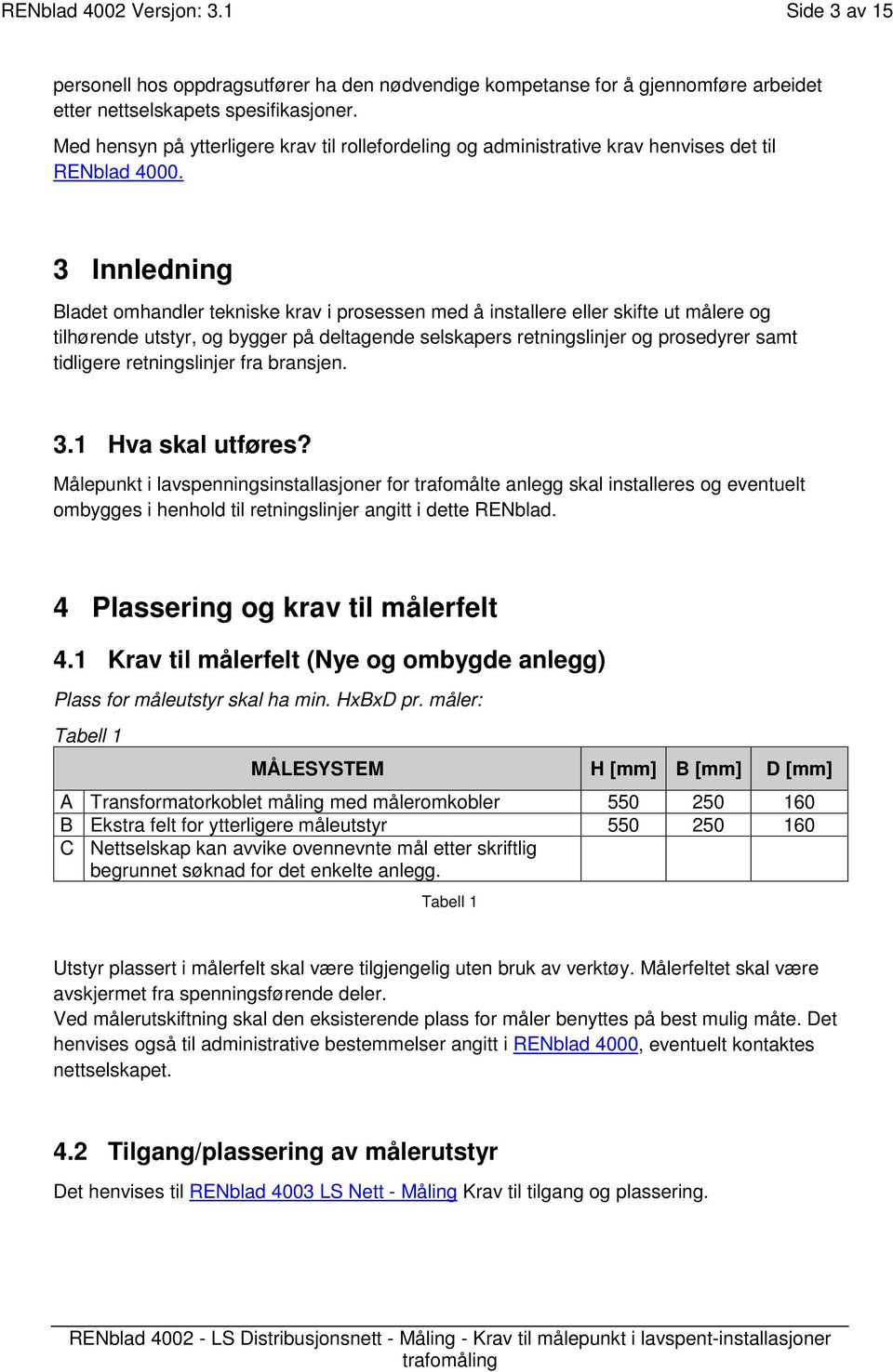 3 Innledning Bladet omhandler tekniske krav i prosessen med å installere eller skifte ut målere og tilhørende utstyr, og bygger på deltagende selskapers retningslinjer og prosedyrer samt tidligere