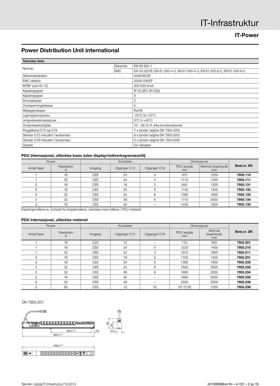 Omgivelsesfuktighet 10 95 % rf, ikke kondenserende Plugglåsing C13 og C19 1 x (andre valgfrie DK 7955.020) Deksler C13 inkludert i leveransen 8 x (andre valgfrie DK 7955.