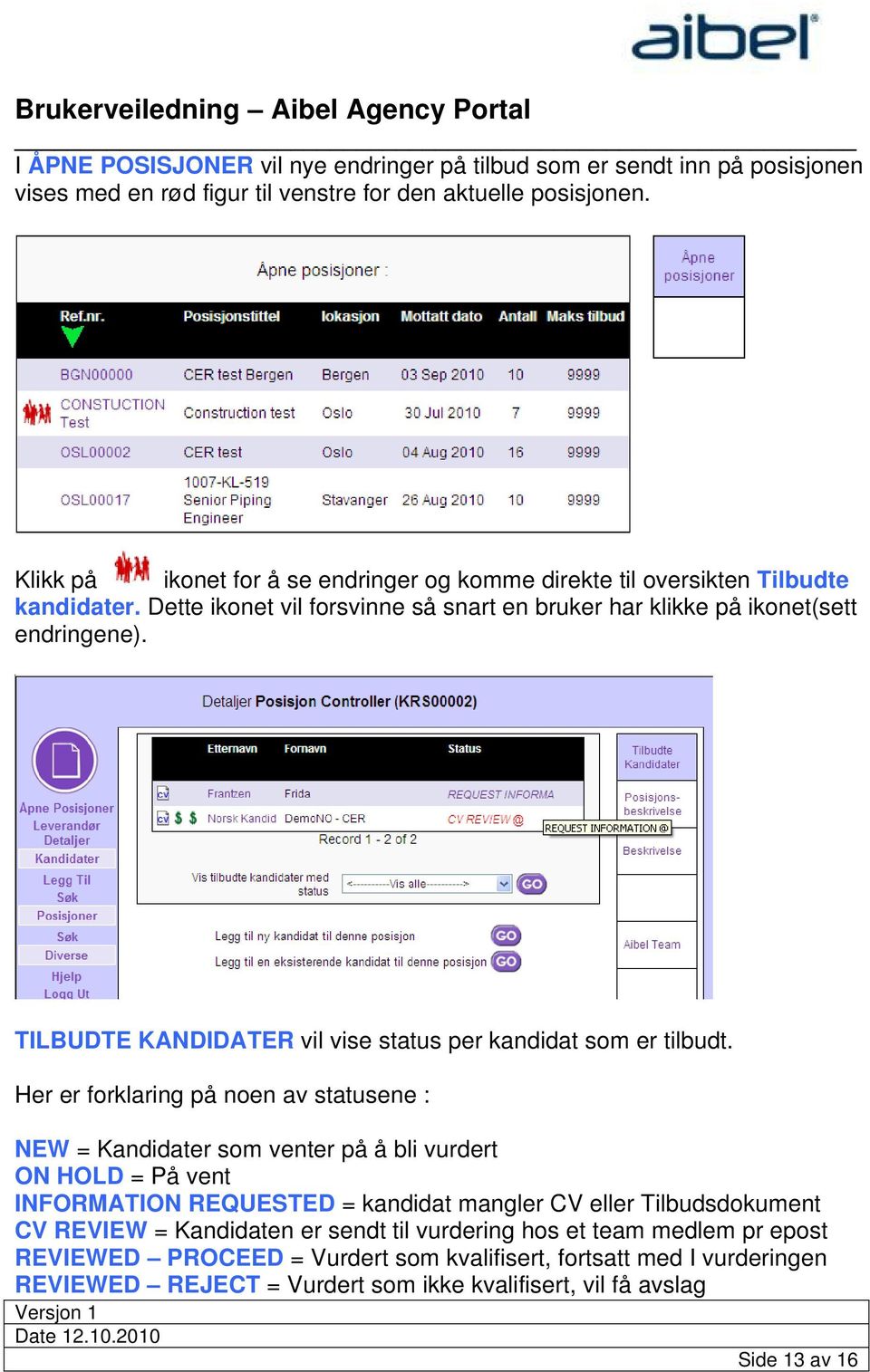 TILBUDTE KANDIDATER vil vise status per kandidat som er tilbudt.