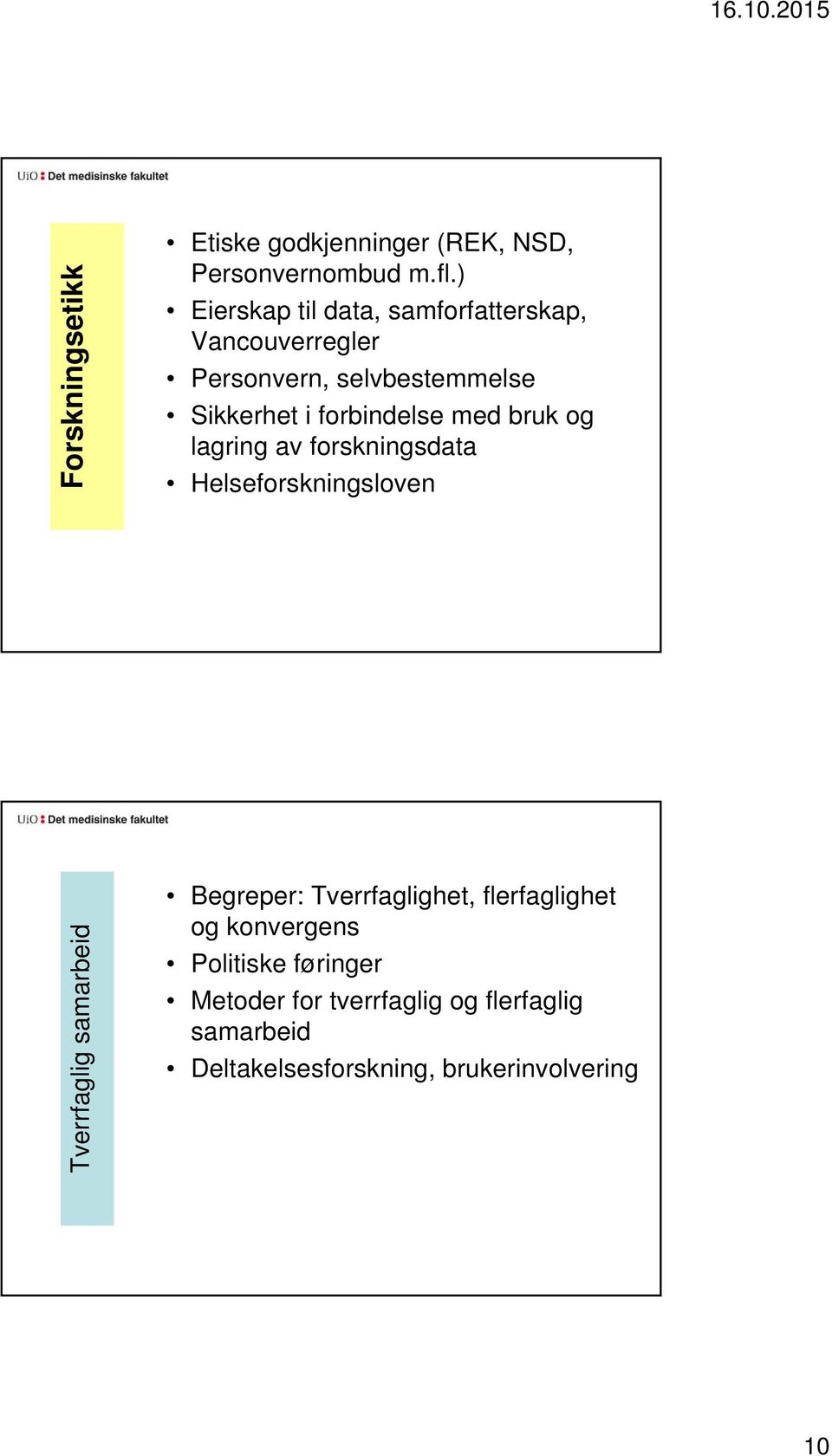 forbindelse med bruk og lagring av forskningsdata Helseforskningsloven Tverrfaglig samarbeid Begreper: