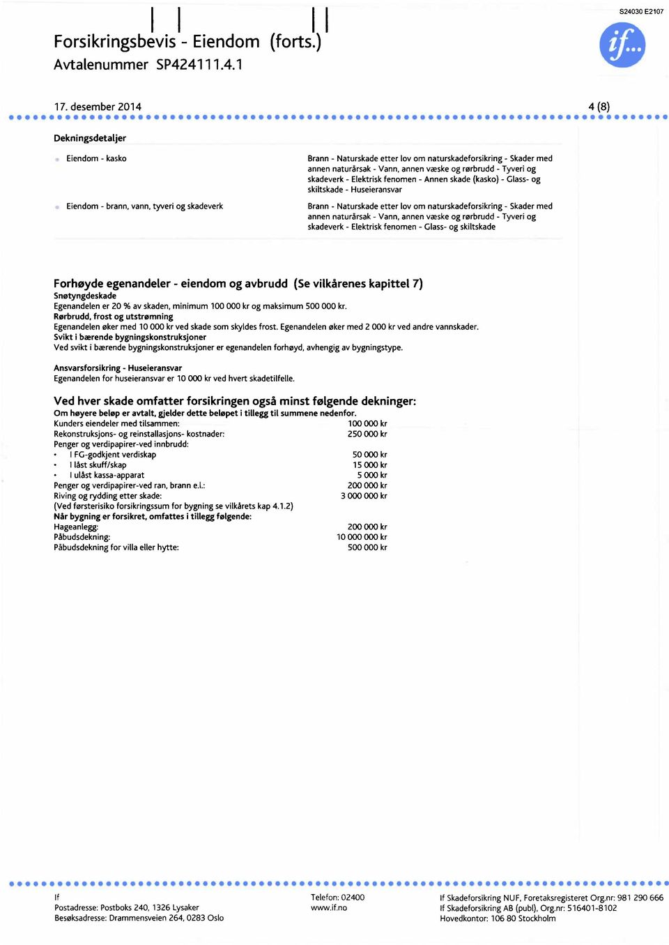 og rørbrudd - Tyveri og skadeverk - Elektrisk fenomen - Annen skade (kasko) - Glass- og skiltskade - Huseieransvar Brann - Naturskade etter lov om naturskadeforsikring - Skader med annen naturårsak -