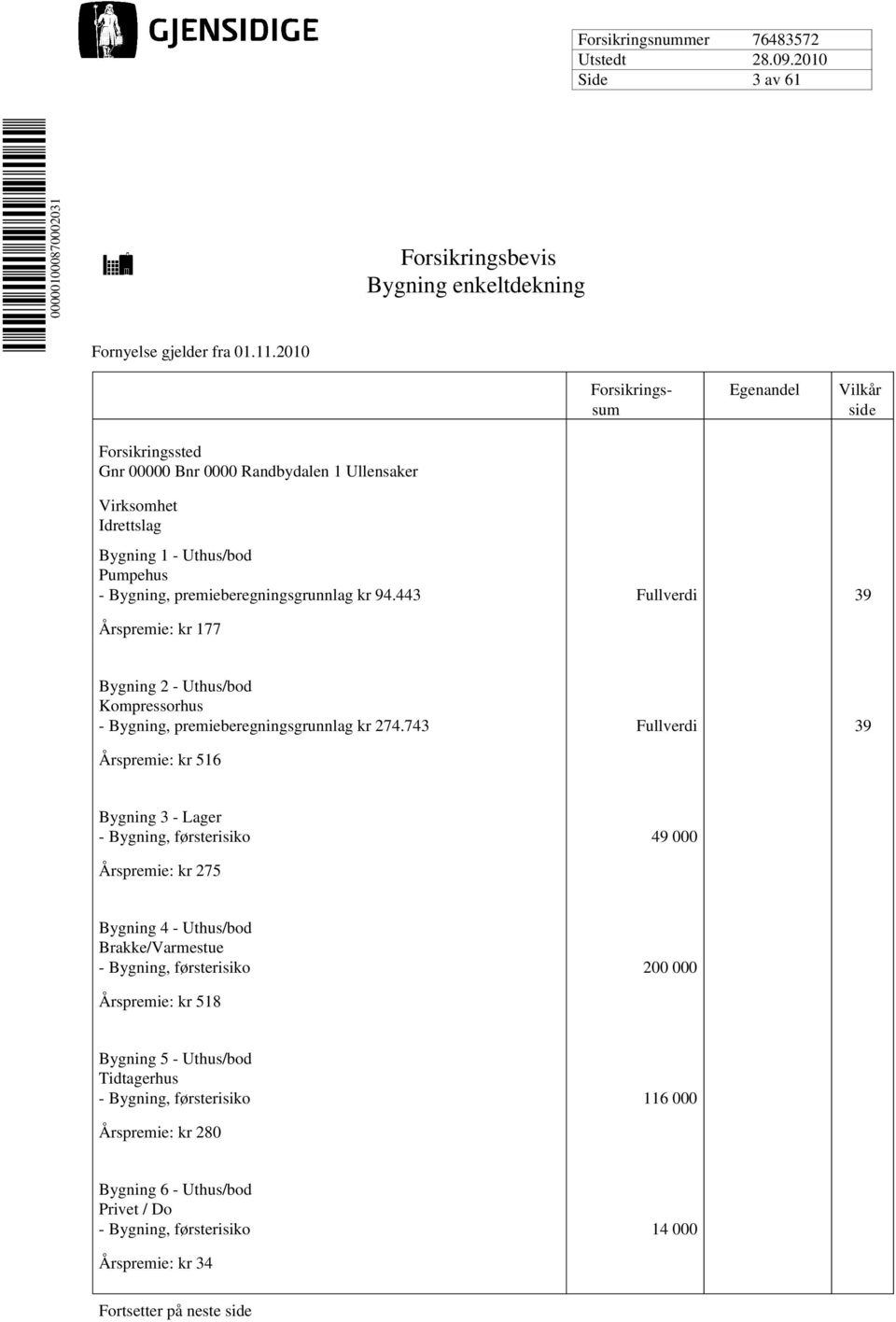 443 Fullverdi 39 Årspremie: kr 177 Bygning 2 - Uthus/bod Kompressorhus - Bygning, premieberegningsgrunnlag kr 274.