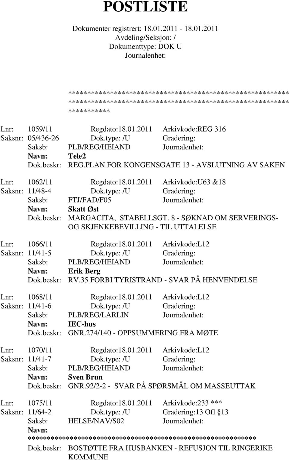 8 - SØKNAD OM SERVERINGS- OG SKJENKEBEVILLING - TIL UTTALELSE Lnr: 1066/11 Regdato:18.01.2011 Arkivkode:L12 Saksnr: 11/41-5 Dok.type: /U Gradering: Saksb: PLB/REG/HEIAND Erik Berg Dok.beskr: RV.