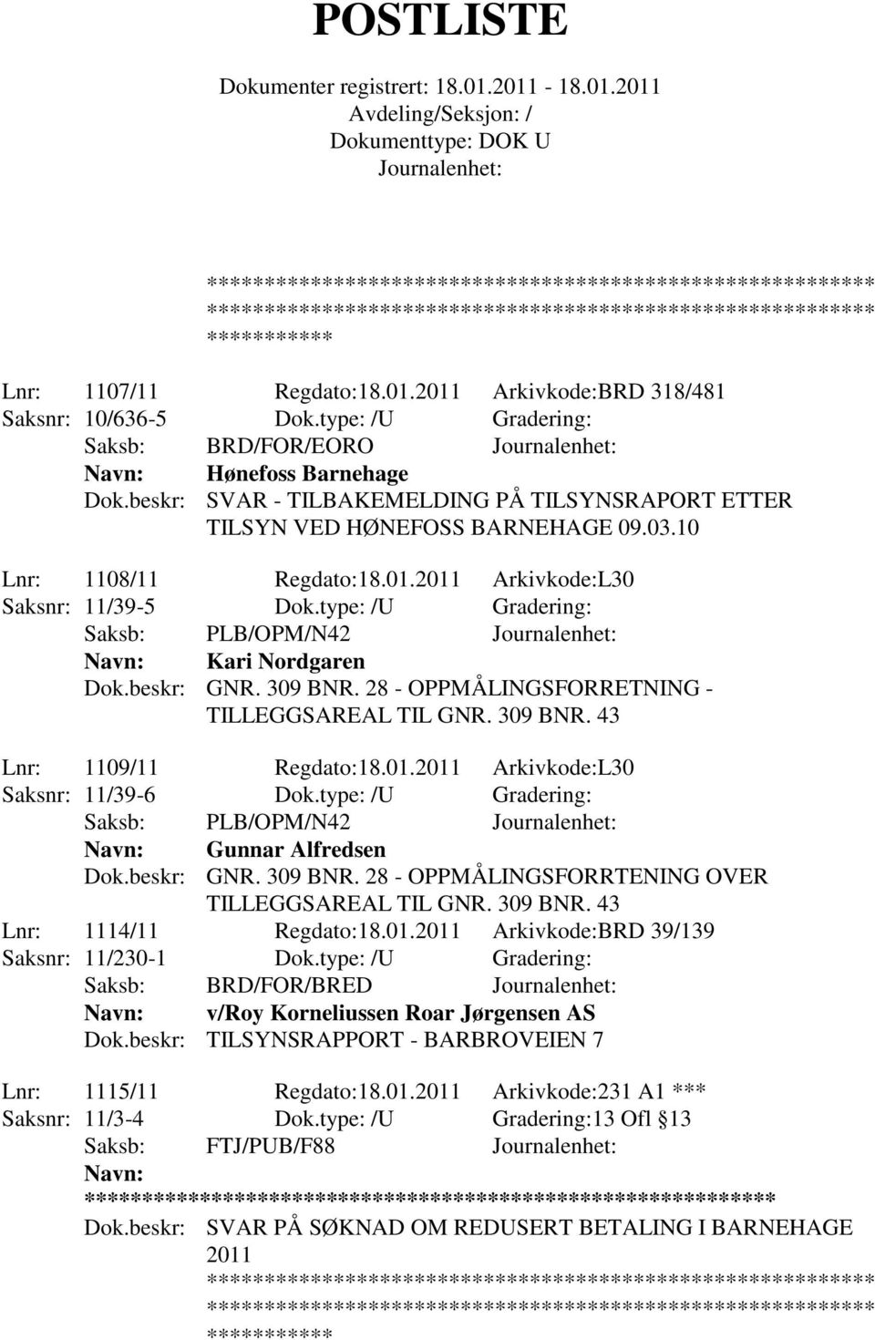 type: /U Gradering: Saksb: PLB/OPM/N42 Kari Nordgaren Dok.beskr: GNR. 309 BNR. 28 - OPPMÅLINGSFORRETNING - TILLEGGSAREAL TIL GNR. 309 BNR. 43 Lnr: 1109/11 Regdato:18.01.