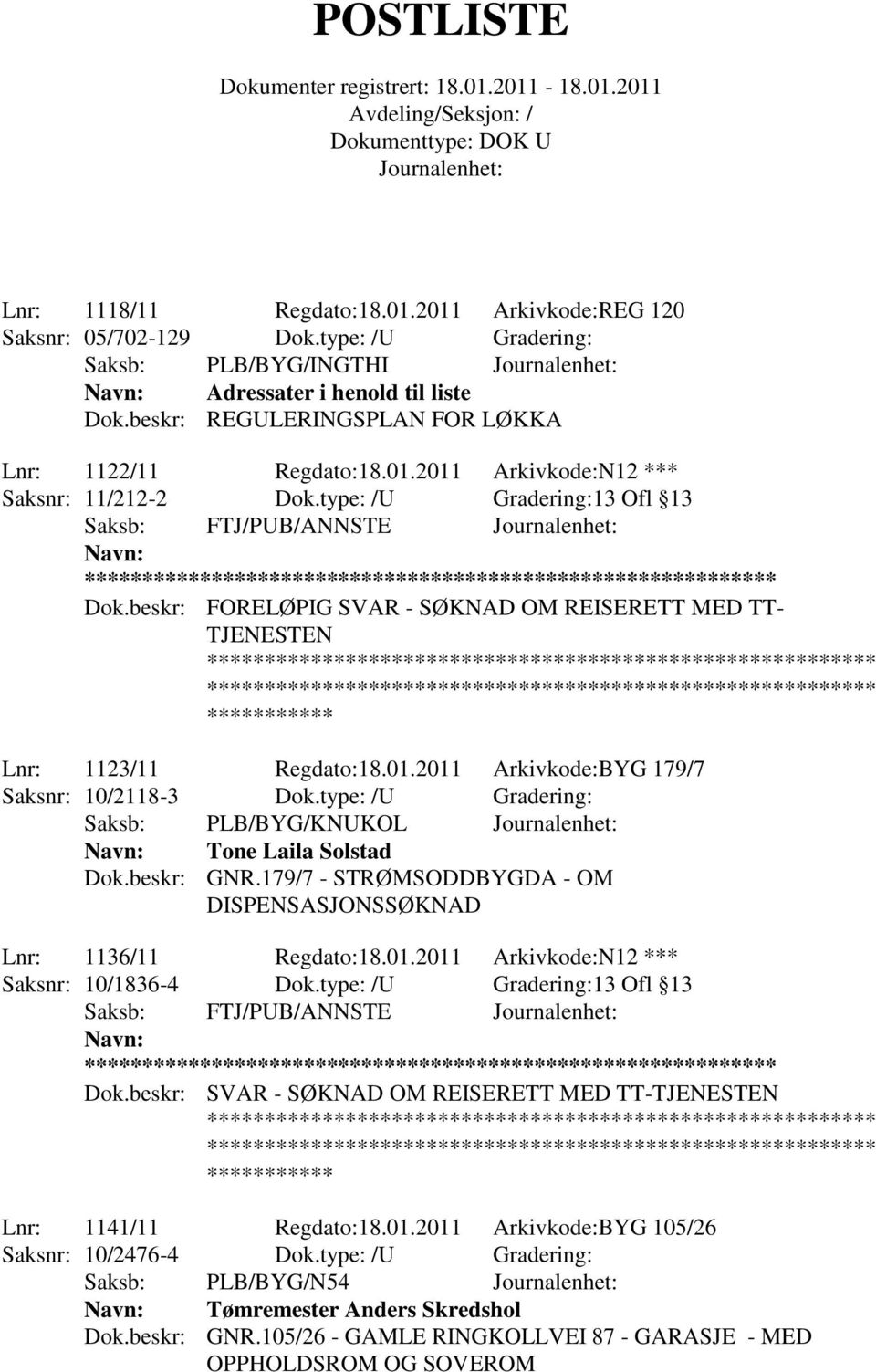 type: /U Gradering: Saksb: PLB/BYG/KNUKOL Tone Laila Solstad Dok.beskr: GNR.179/7 - STRØMSODDBYGDA - OM DISPENSASJONSSØKNAD Lnr: 1136/11 Regdato:18.01.2011 Arkivkode:N12 *** Saksnr: 10/1836-4 Dok.