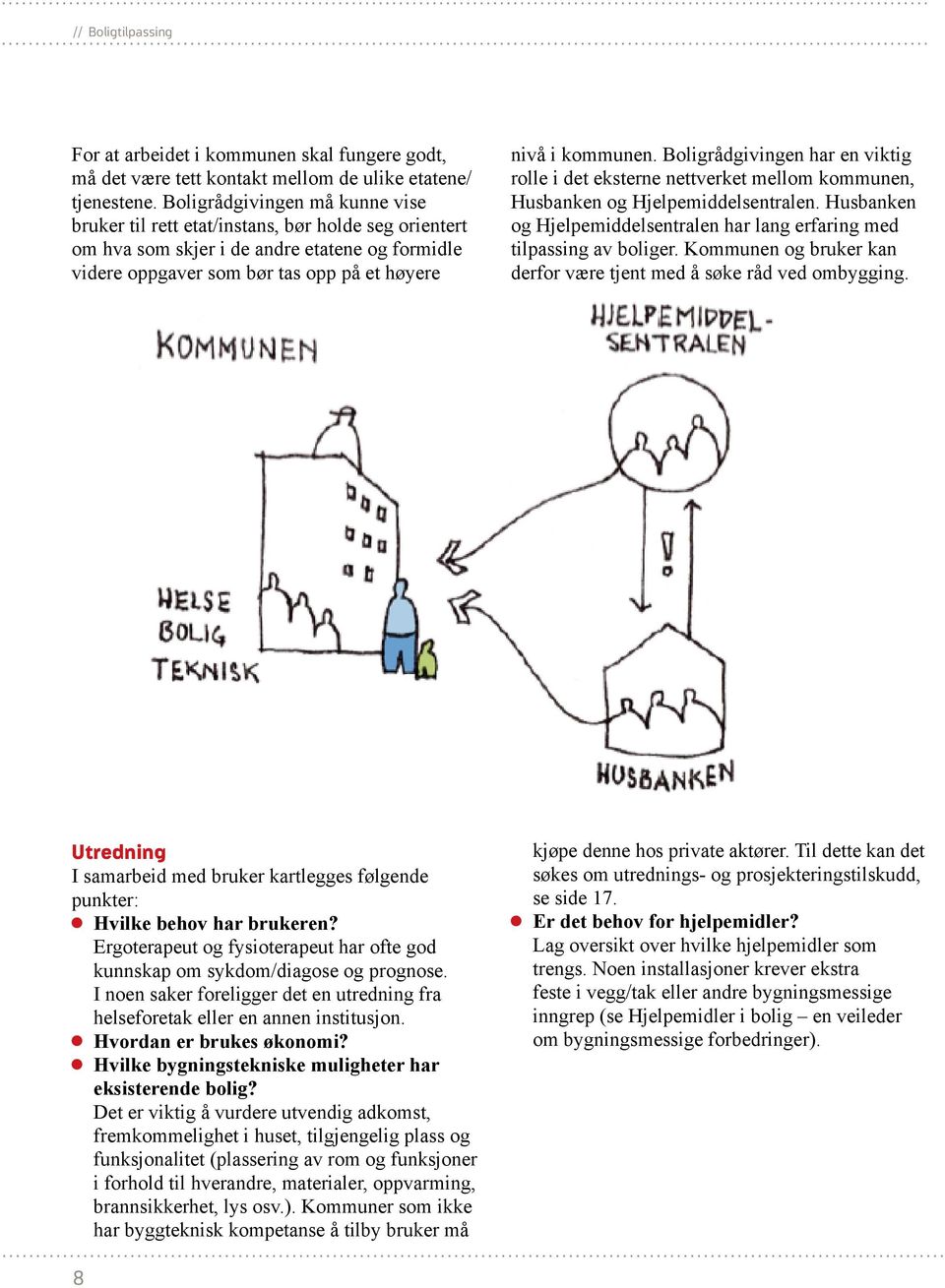 Boligrådgivingen har en viktig rolle i det eksterne nettverket mellom kommunen, Husbanken og Hjelpemiddelsentralen. Husbanken og Hjelpemiddelsentralen har lang erfaring med tilpassing av boliger.