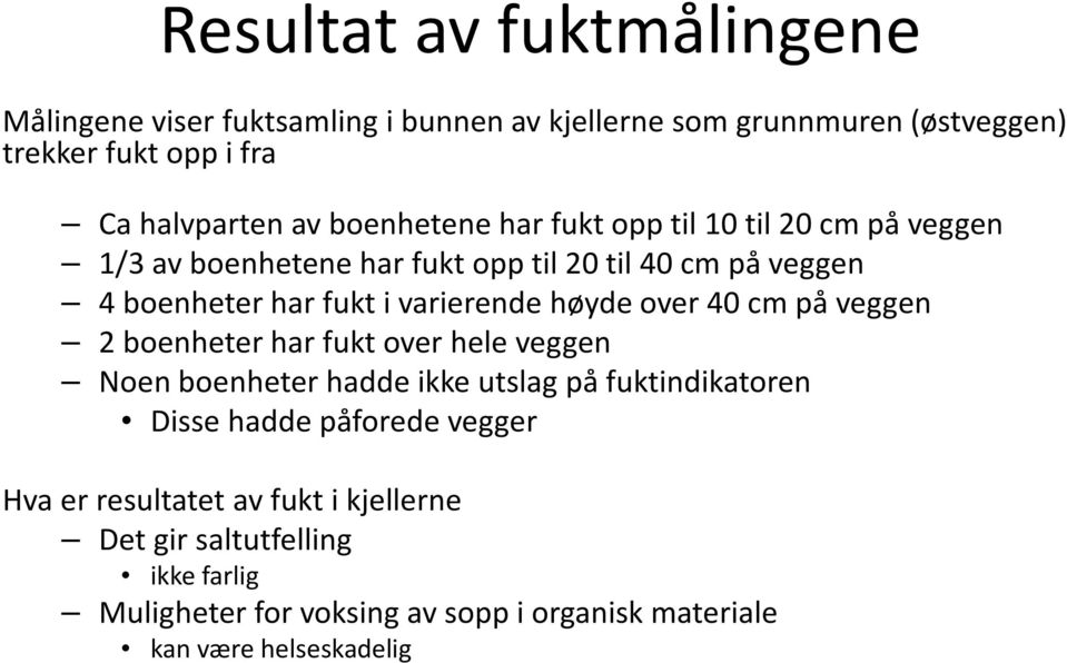 høyde over 40 cm på veggen 2 boenheter har fukt over hele veggen Noen boenheter hadde ikke utslag på fuktindikatoren Disse hadde påforedevegger