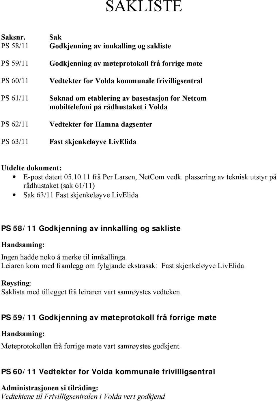 etablering av basestasjon for Netcom mobiltelefoni på rådhustaket i Volda Vedtekter for Hamna dagsenter Fast skjenkeløyve LivElida Utdelte dokument: E-post datert 05.10.11 frå Per Larsen, NetCom vedk.