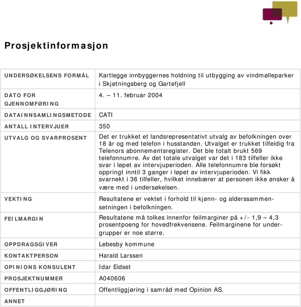 Utvalget er trukket tilfeldig fra Telenors abonnementsregister. Det ble totalt brukt 569 telefonnumre. Av det totale utvalget var det i 183 tilfeller ikke svar i løpet av intervjuperioden.