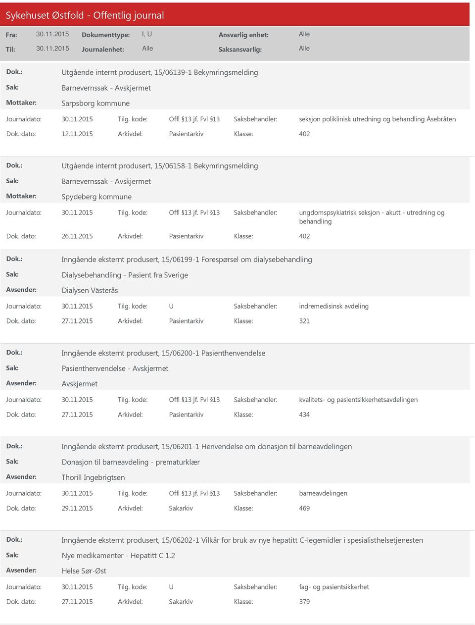 2015 Arkivdel: Pasientarkiv Inngående eksternt produsert, 15/06199-1 Forespørsel om dialysebehandling Dialysebehandling - Pasient fra Sverige Dialysen Västerås indremedisinsk avdeling Dok. dato: 27.