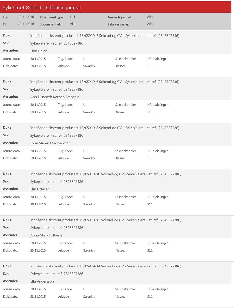 2015 Arkivdel: Sakarkiv Inngående eksternt produsert, 15/05919-8 Søknad og CV - Sykepleiere - st. ref. (2843527386) Jóna Maren Magnadóttir Dok. dato: 20.11.