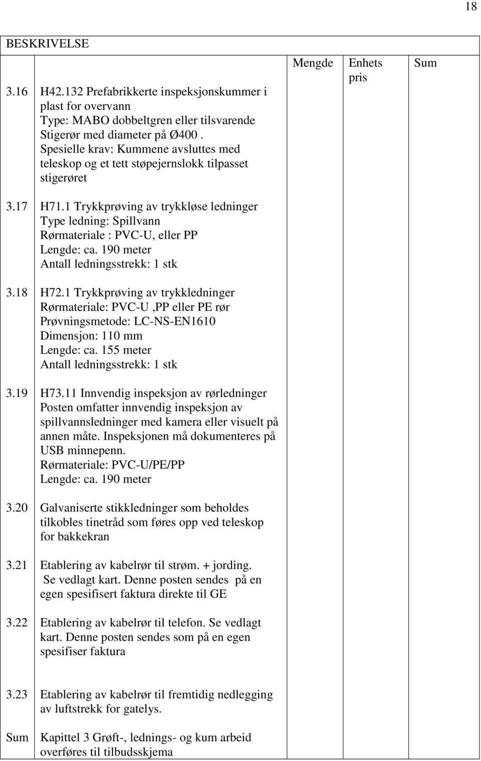 1 Trykkprøving av trykkløse ledninger Type ledning: Spillvann Rørmateriale : PVC-U, eller PP Lengde: ca. 190 meter Antall ledningsstrekk: 1 stk H72.