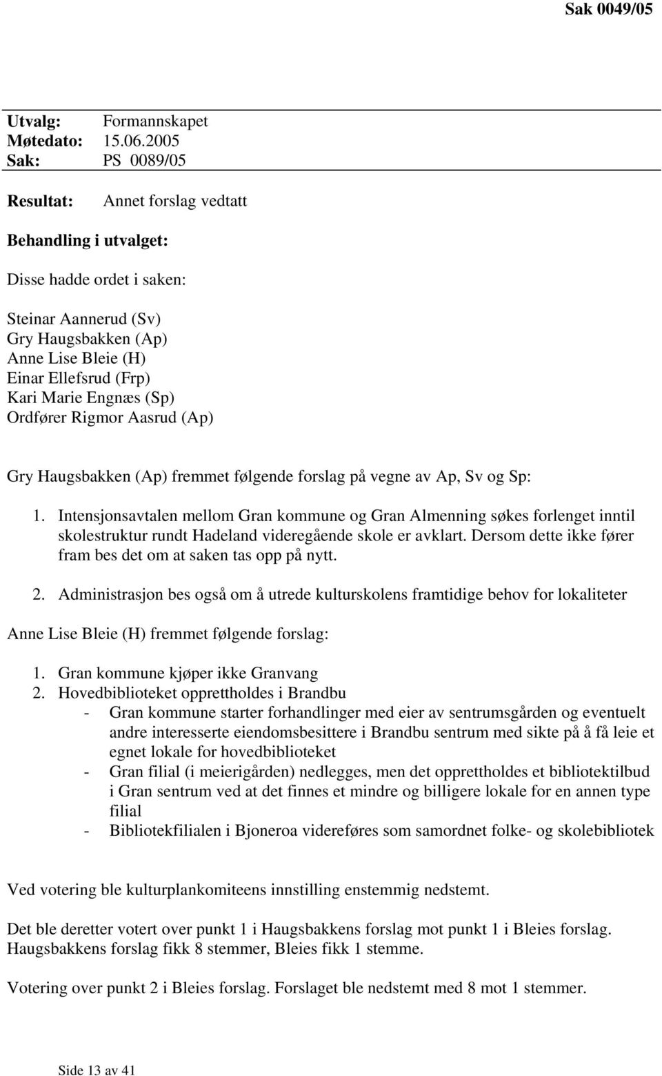 Engnæs (Sp) Ordfører Rigmor Aasrud (Ap) Gry Haugsbakken (Ap) fremmet følgende forslag på vegne av Ap, Sv og Sp: 1.
