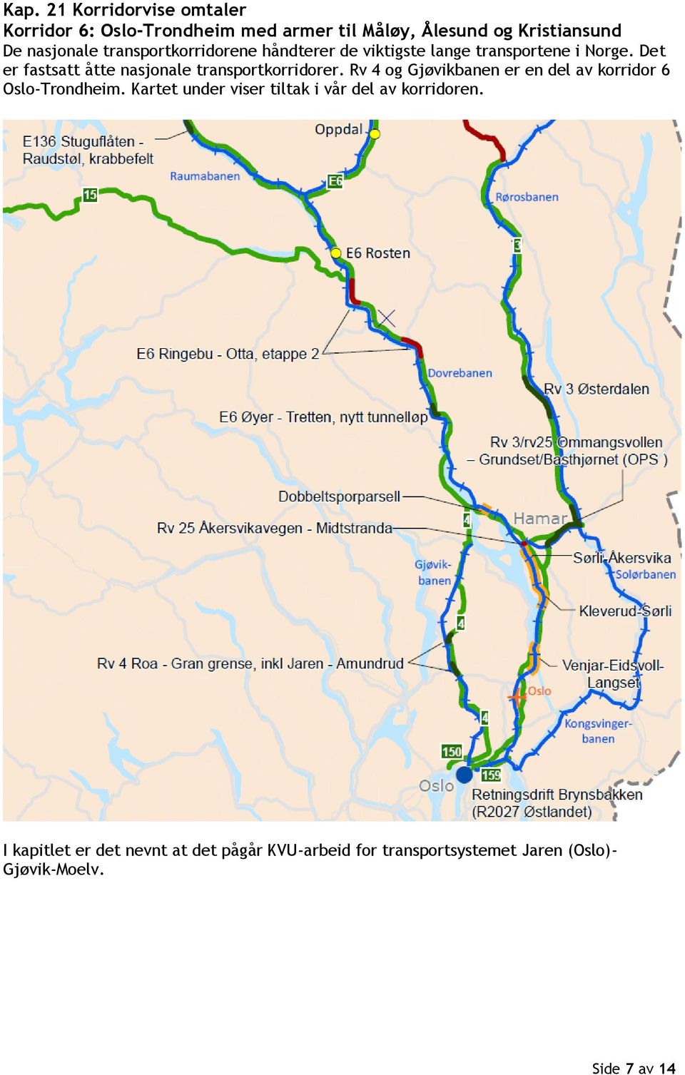 Det er fastsatt åtte nasjonale transportkorridorer. Rv 4 og Gjøvikbanen er en del av korridor 6 Oslo-Trondheim.