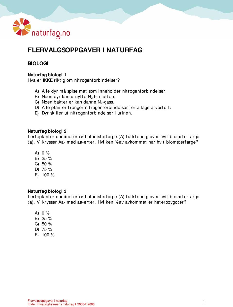 Naturfag biologi 2 I erteplanter dominerer rød blomsterfarge (A) fullstendig over hvit blomsterfarge (a). Vi krysser Aa- med aa-erter. Hvilken % av avkommet har hvit blomsterfarge?