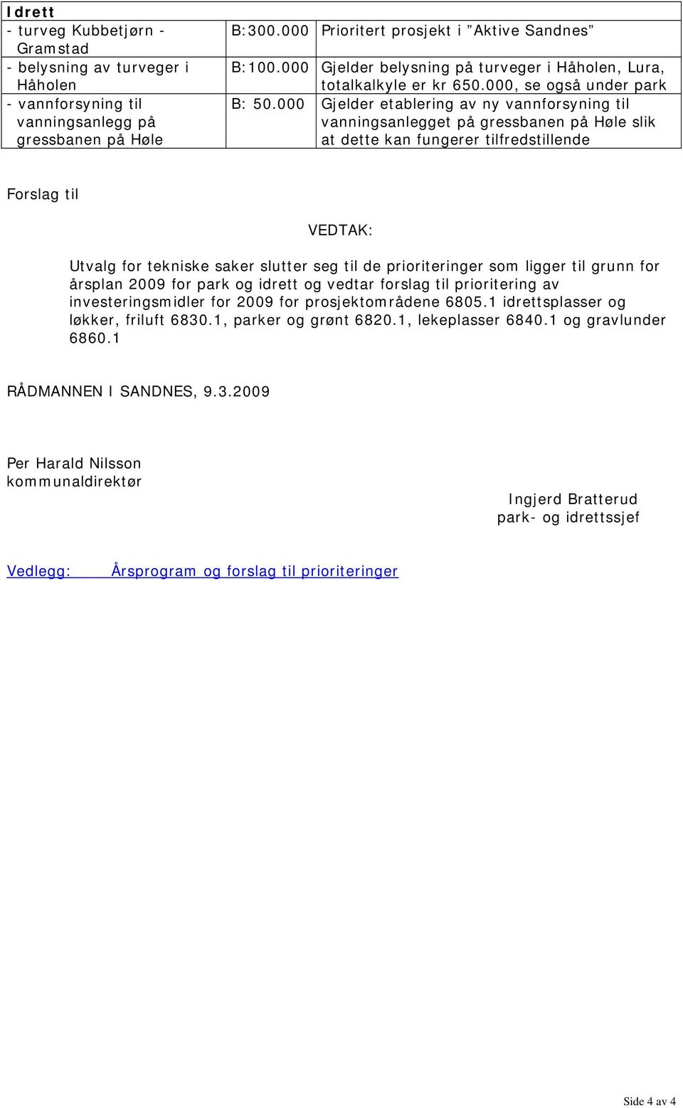 000 Gjelder etablering av ny vannforsyning til vanningsanlegget på gressbanen på Høle slik at dette kan fungerer tilfredstillende Forslag til VEDTAK: Utvalg for tekniske saker slutter seg til de