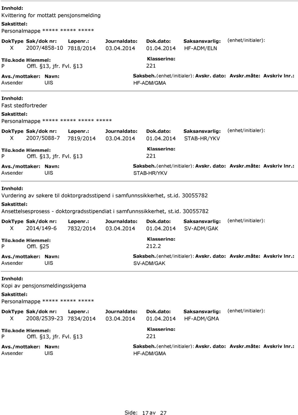 : TAB-HR/YKV Vurdering av søkere til doktorgradsstipend i samfunnssikkerhet, st.id. 30055782 Ansettelsesprosess - doktorgradsstipendiat i samfunnssikkerhet, st.id. 30055782 2014/149-6 7832/2014 V-ADM/GAK 212.