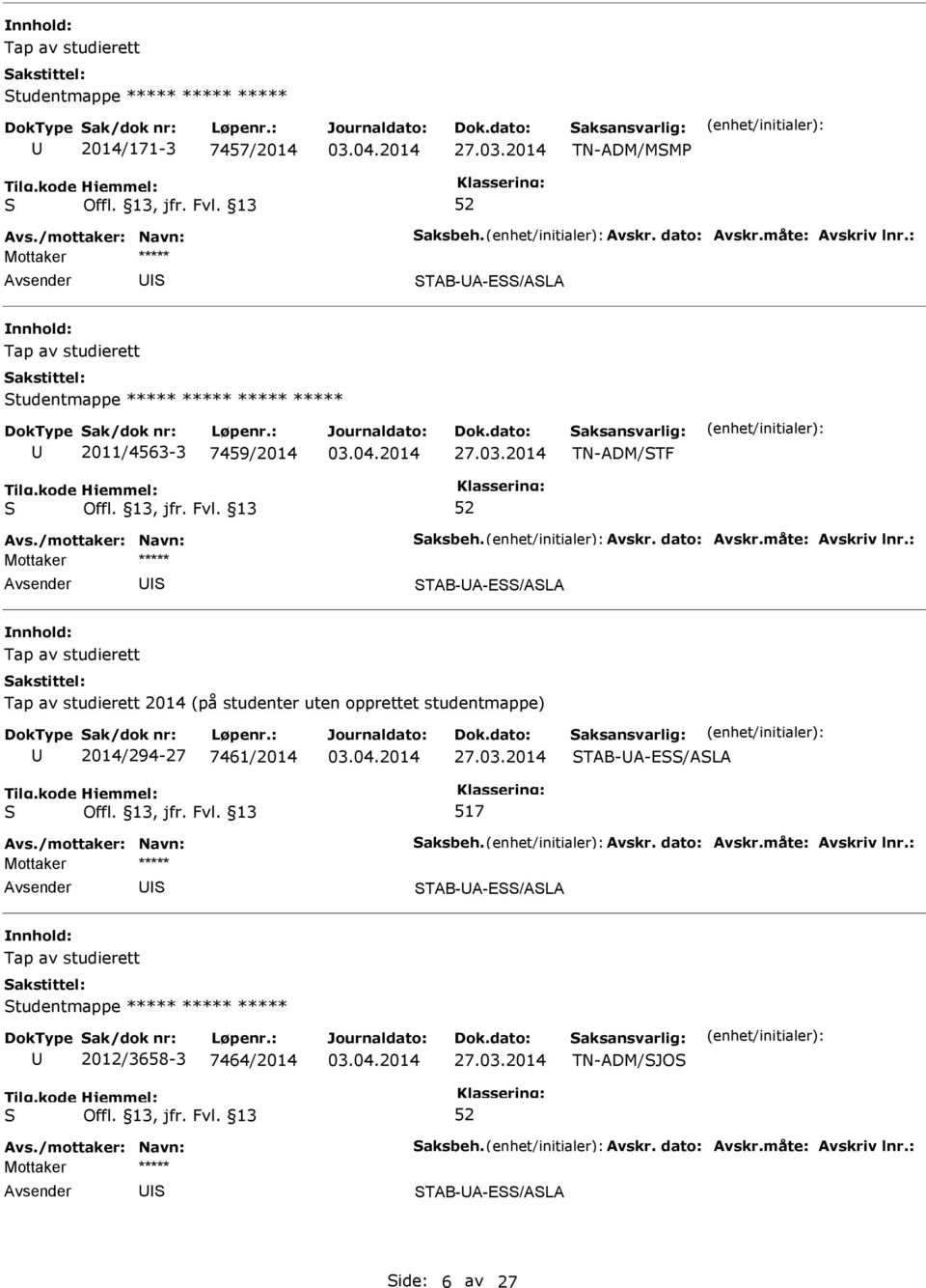 : ***** TAB-A-E/ALA Tap av studierett Tap av studierett 2014 (på studenter uten opprettet studentmappe) 2014/294-27 7461/2014 27.03.2014 TAB-A-E/ALA 517 Avs./mottaker: Navn: aksbeh. Avskr.