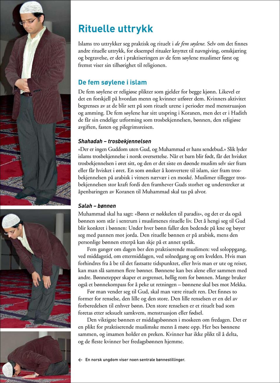 tilhørighet til religionen. De fem søylene i islam De fem søylene er religiøse plikter som gjelder for begge kjønn. Likevel er det en forskjell på hvordan menn og kvinner utfører dem.