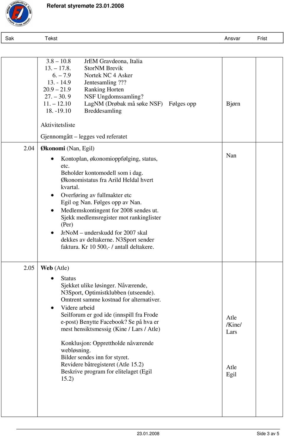 Beholder kontomodell som i dag. Økonomistatus fra Arild Heldal hvert kvartal. Overføring av fullmakter etc og Nan. Følges opp av Nan. Medlemskontingent for 2008 sendes ut.