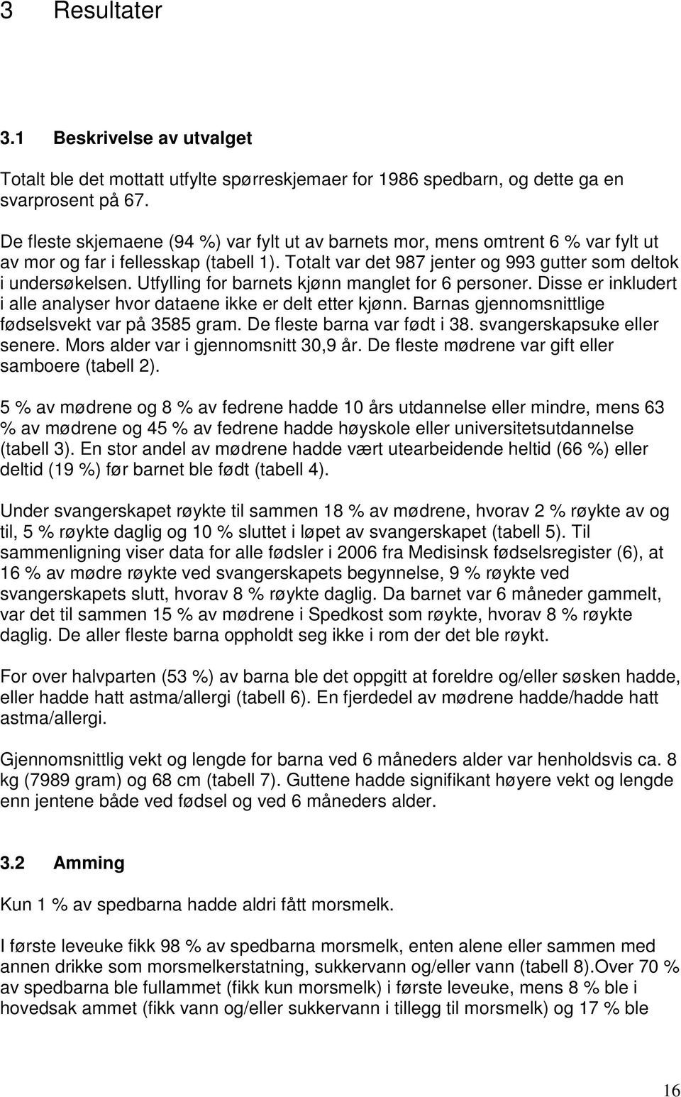 Utfylling for barnets kjønn manglet for 6 personer. Disse er inkludert i alle analyser hvor dataene ikke er delt etter kjønn. Barnas gjennomsnittlige fødselsvekt var på 3585 gram.