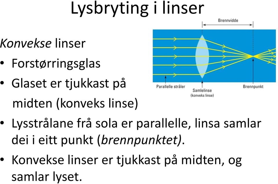 frå sola er parallelle, linsa samlar dei i eitt punkt