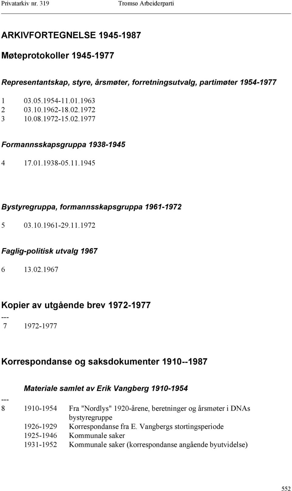 1977 Formannsskapsgruppa 1938-1945 4 17.01.1938-05.11.1945 Bystyregruppa, formannsskapsgruppa 1961-1972 5 03.10.1961-29.11.1972 Faglig-politisk utvalg 1967 6 13.02.