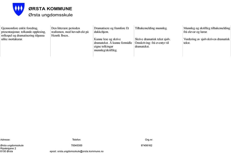 Kunne lese og skrive dramatekst. Å kunne formidle eigne tolkingar munnleg/skriftleg. Tilbakemelding munnleg.