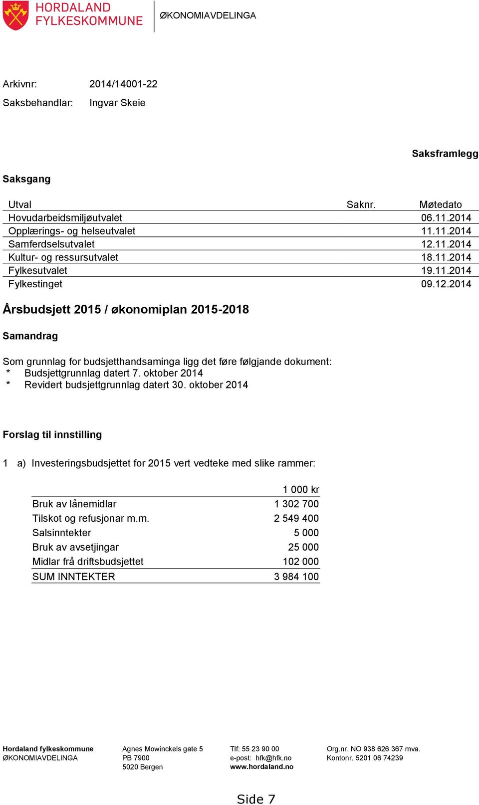 2014 Årsbudsjett 2015 / økonomiplan 2015-2018 Samandrag Som grunnlag for budsjetthandsaminga ligg det føre følgjande dokument: * Budsjettgrunnlag datert 7.