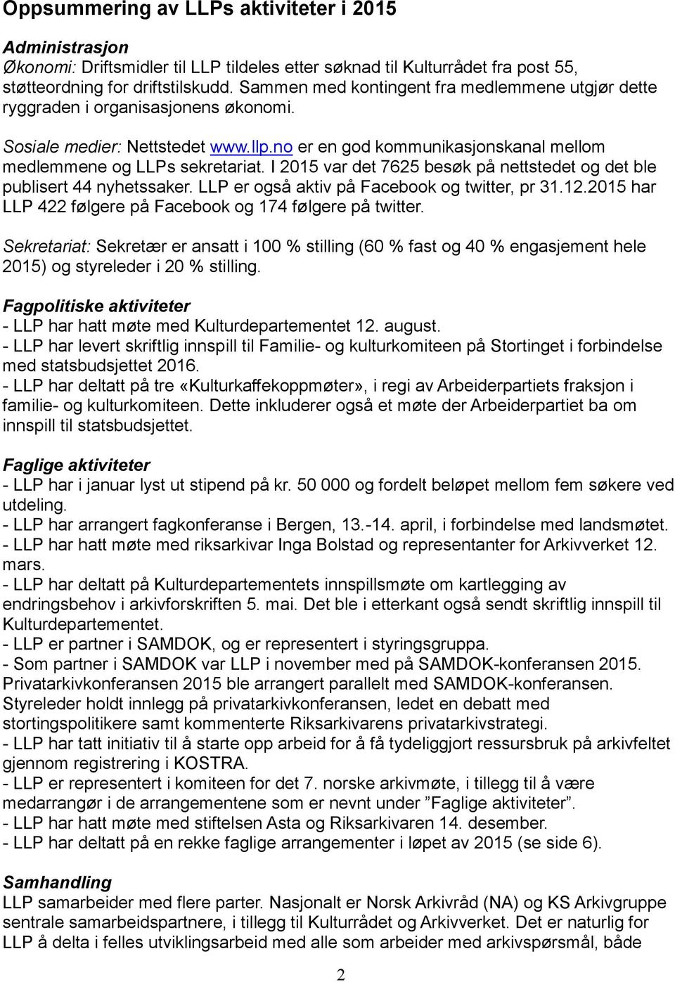 I 2015 var det 7625 besøk på nettstedet og det ble publisert 44 nyhetssaker. LLP er også aktiv på Facebook og twitter, pr 31.12.2015 har LLP 422 følgere på Facebook og 174 følgere på twitter.