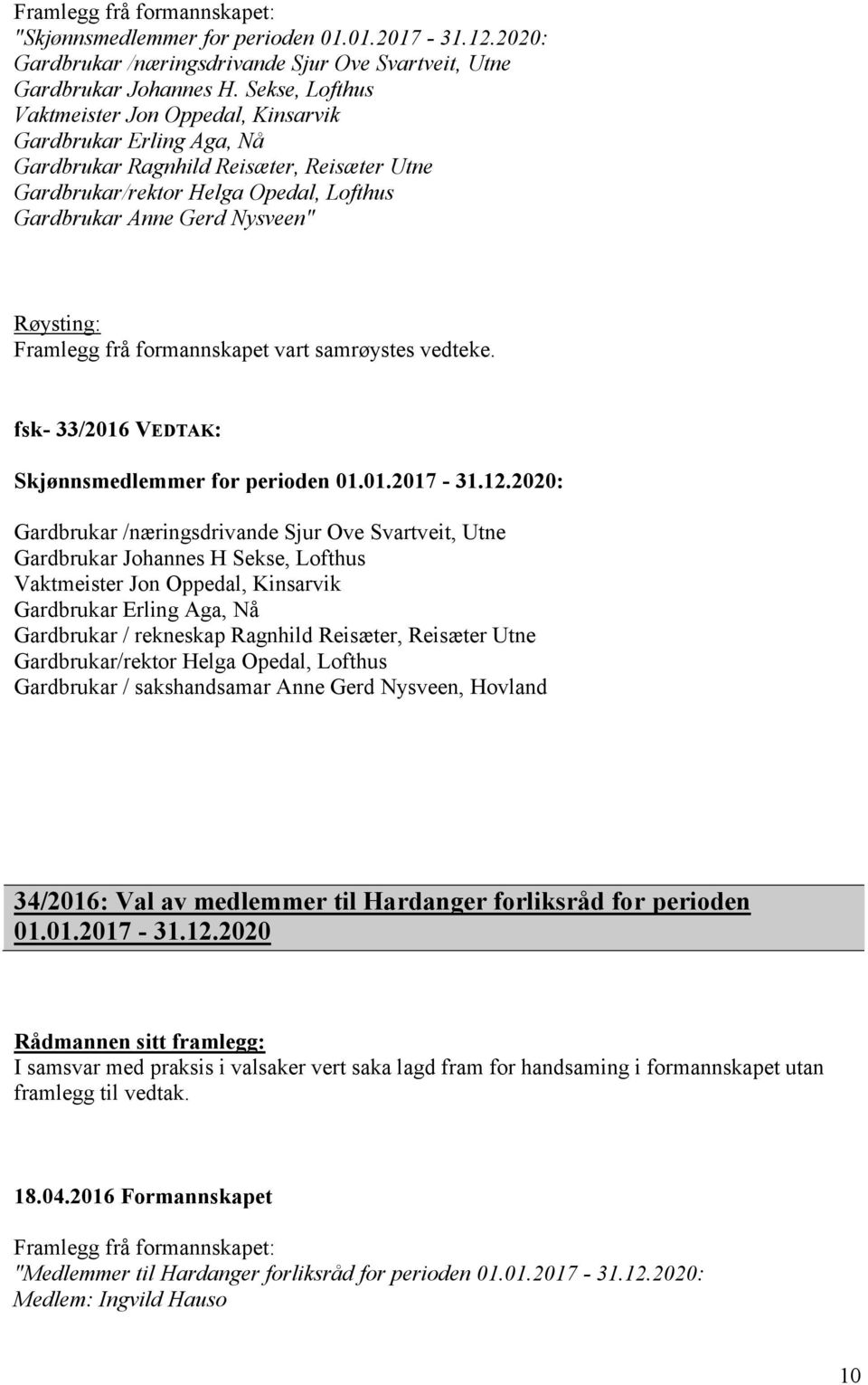 Framlegg frå formannskapet vart samrøystes vedteke. fsk- 33/2016 VEDTAK: Skjønnsmedlemmer for perioden 01.01.2017-31.12.