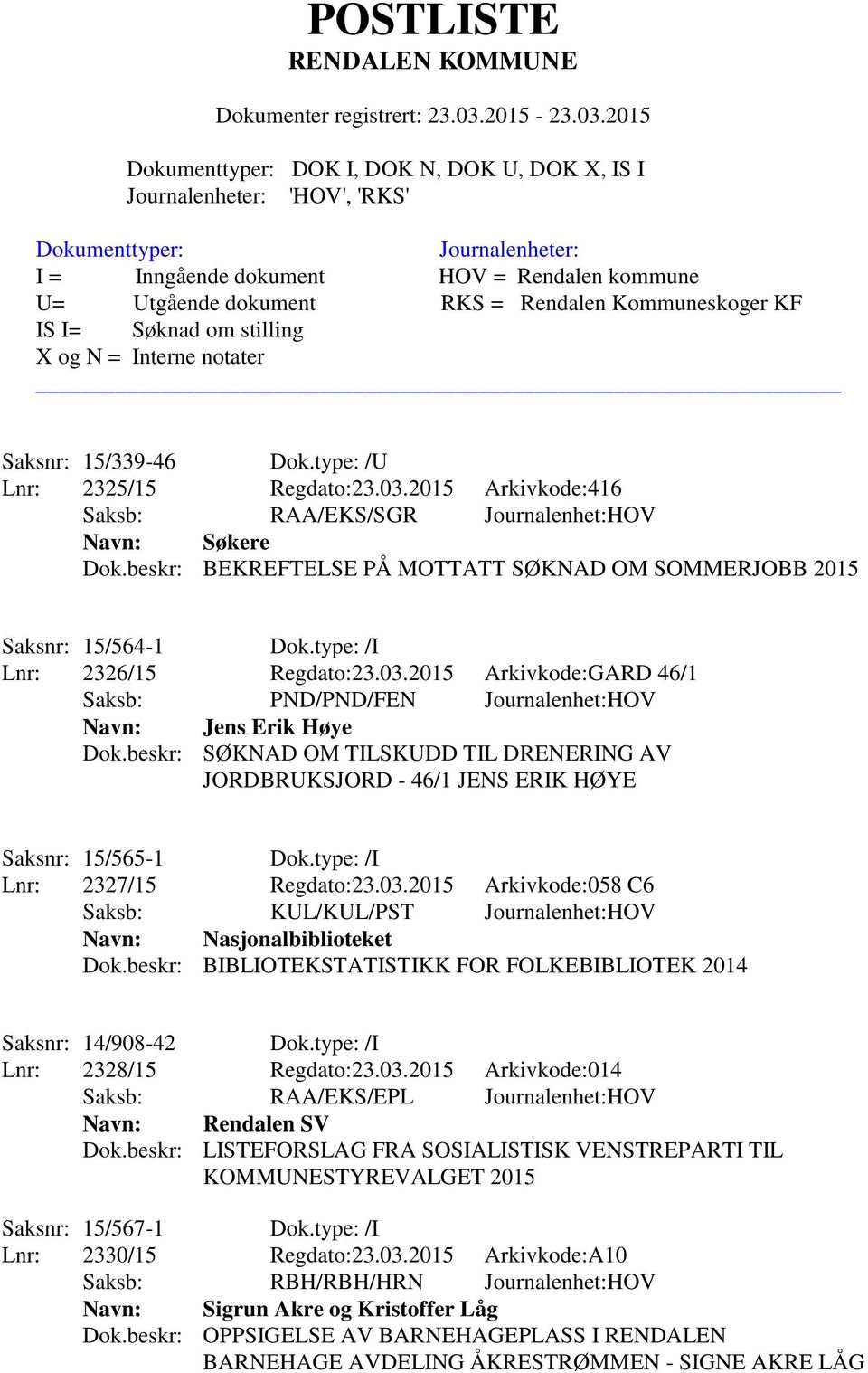 beskr: SØKNAD OM TILSKUDD TIL DRENERING AV JORDBRUKSJORD - 46/1 JENS ERIK HØYE Saksnr: 15/565-1 Dok.type: /I Lnr: 2327/15 Regdato:23.03.