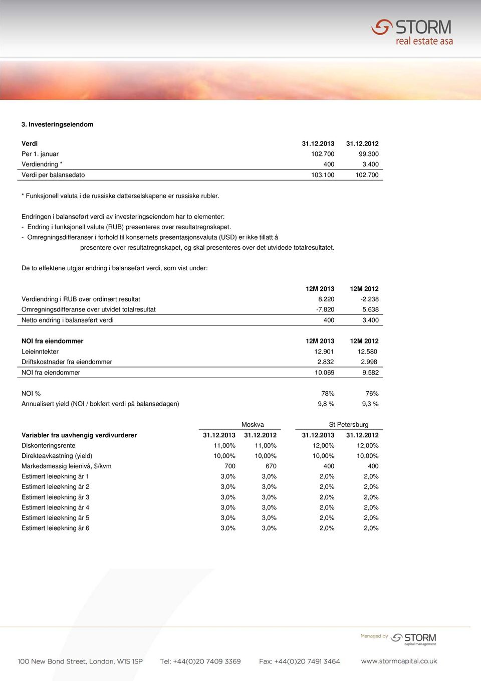 Endringen i balanseført verdi av investeringseiendom har to elementer: - Endring i funksjonell valuta (RUB) presenteres over resultatregnskapet.