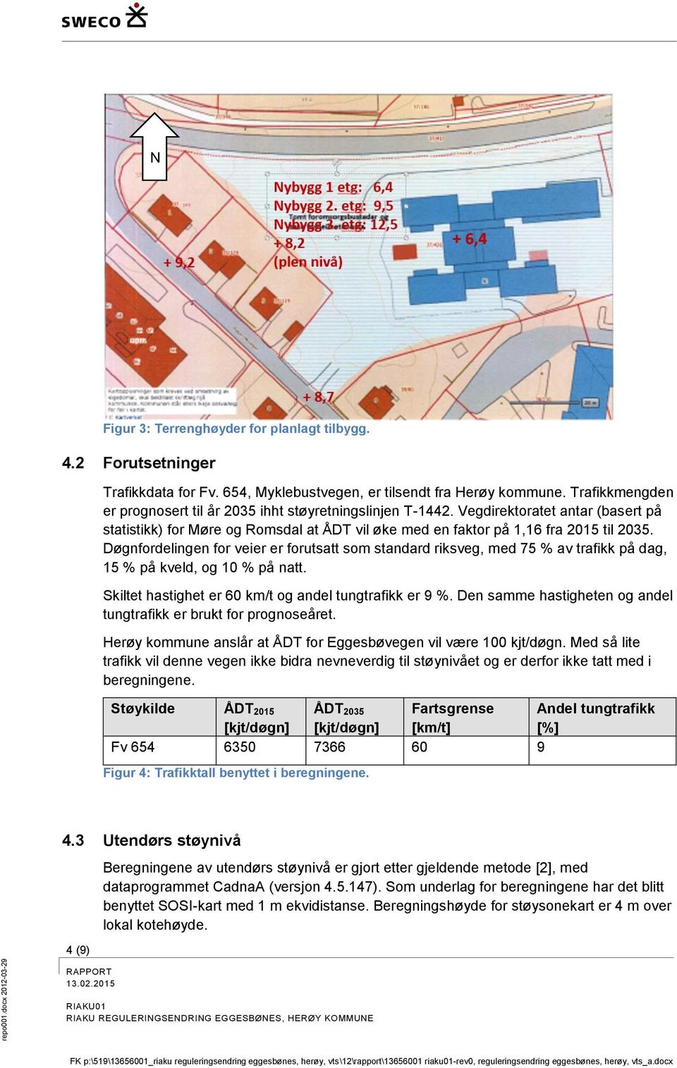 Døgnfordelingen for veier er forutsatt som standard riksveg, med 75 % av trafikk på dag, 15 % på kveld, og 10 % på natt. Skiltet hastighet er 60 km/t og andel tungtrafikk er 9 %.