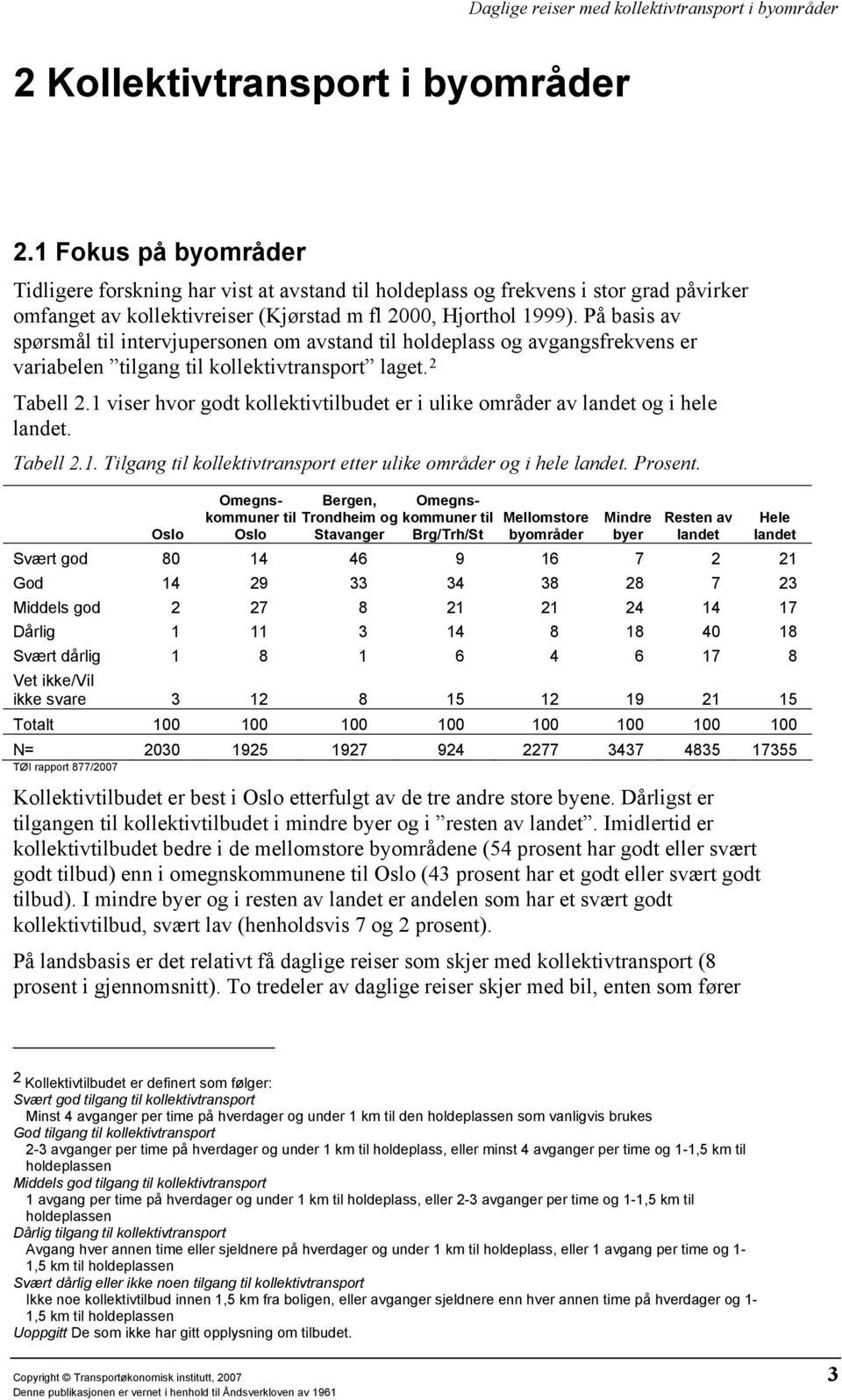 På basis av spørsmål til intervjupersonen om avstand til holdeplass og avgangsfrekvens er variabelen tilgang til kollektivtransport laget. 2 Tabell 2.