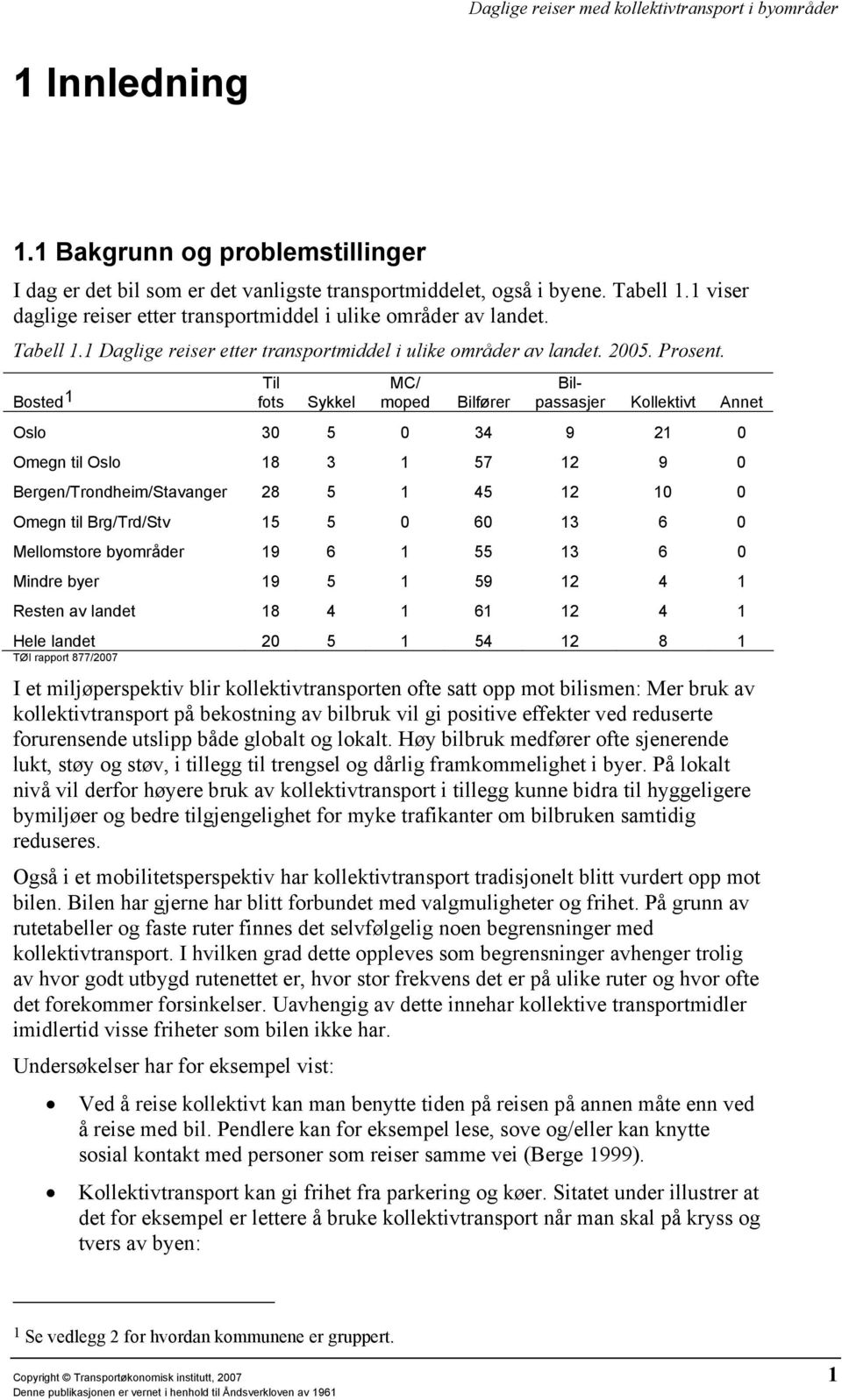 Bosted 1 Til fots Sykkel MC/ moped Bilfører Bilpassasjer Kollektivt Annet Oslo 30 5 0 34 9 21 0 Omegn til Oslo 18 3 1 57 12 9 0 Bergen/Trondheim/Stavanger 28 5 1 45 12 10 0 Omegn til Brg/Trd/Stv 15 5