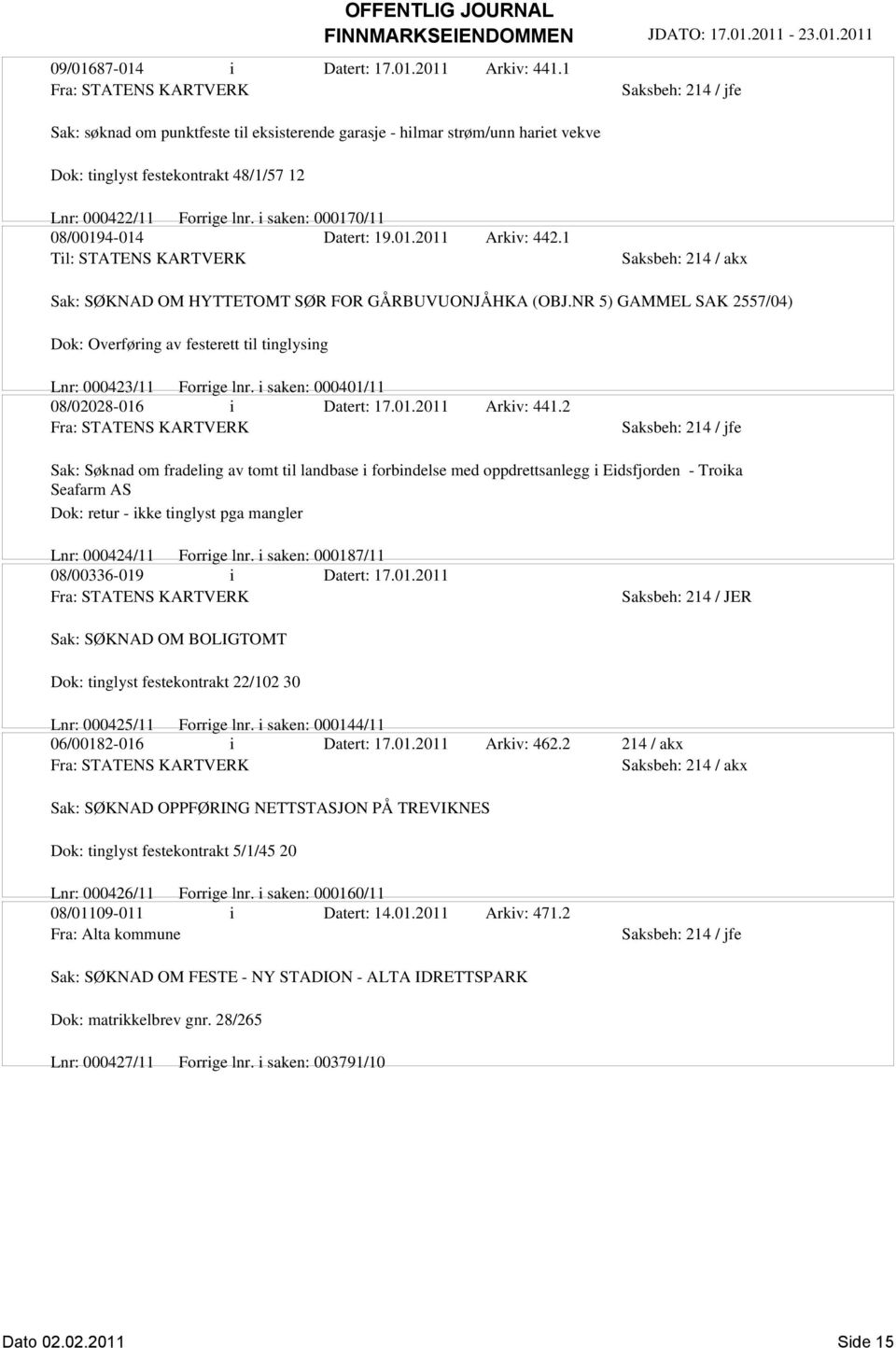 i saken: 000170/11 08/00194-014 Datert: 19.01.2011 Arkiv: 442.1 Til: STATENS KARTVERK Sak: SØKNAD OM HYTTETOMT SØR FOR GÅRBUVUONJÅHKA (OBJ.