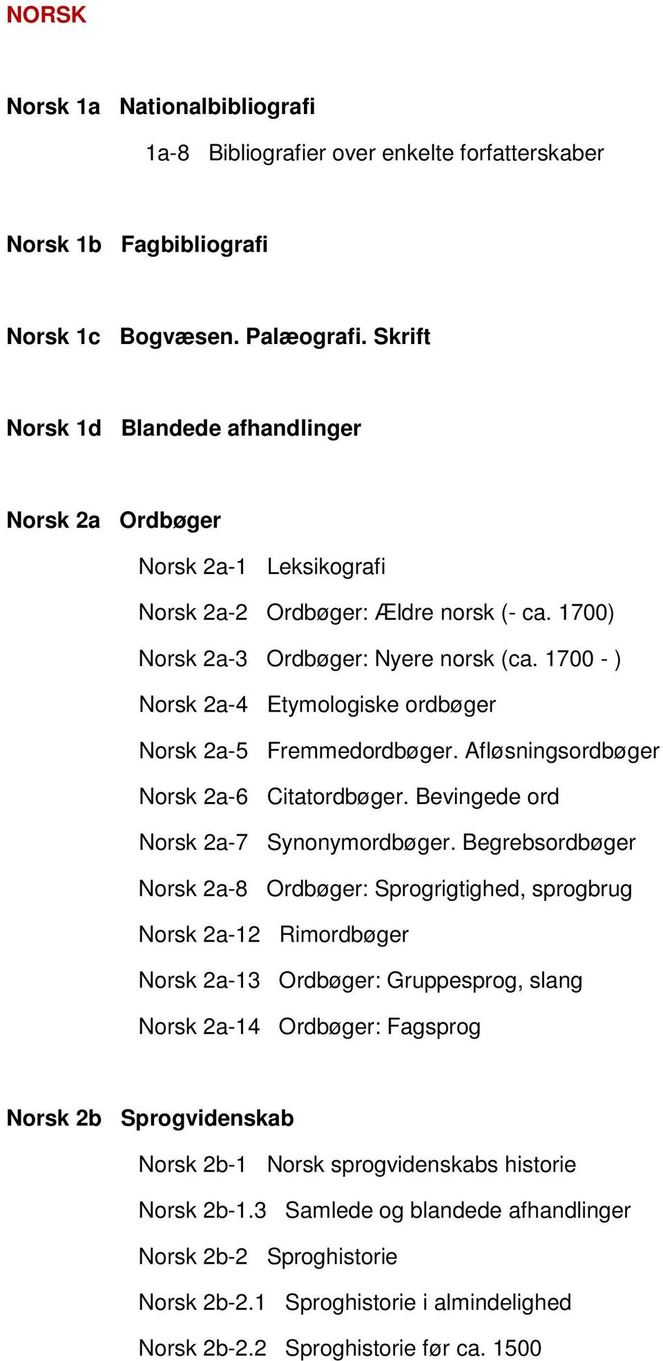 1700 - ) Norsk 2a-4 Etymologiske ordbøger Norsk 2a-5 Fremmedordbøger. Afløsningsordbøger Norsk 2a-6 Citatordbøger. Bevingede ord Norsk 2a-7 Synonymordbøger.