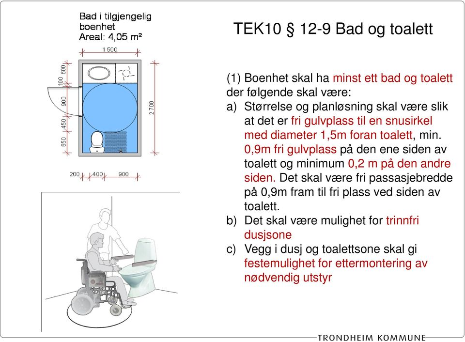 0,9m fri gulvplass på den ene siden av toalett og minimum 0,2 m på den andre siden.