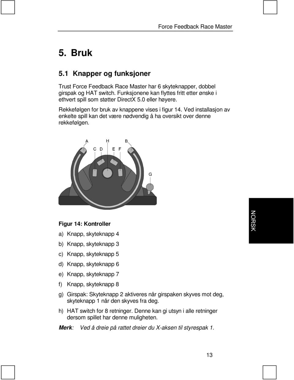 Figur 14: Kontroller a) Knapp, skyteknapp 4 b) Knapp, skyteknapp 3 c) Knapp, skyteknapp 5 d) Knapp, skyteknapp 6 e) Knapp, skyteknapp 7 f) Knapp, skyteknapp 8 g) Girspak: Skyteknapp 2 aktiveres når