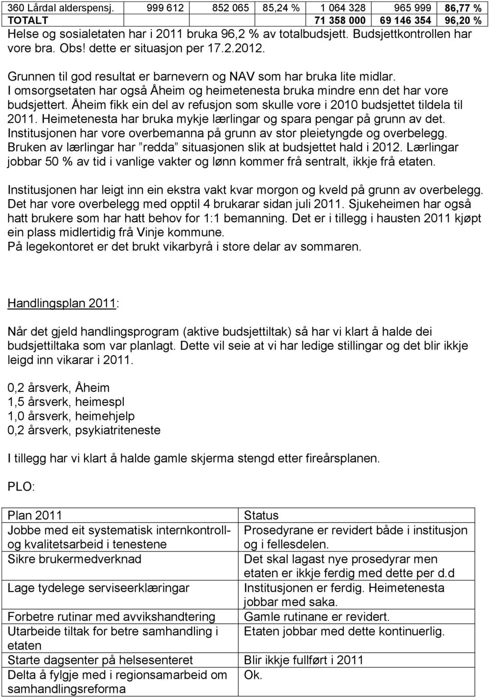 I omsorgsetaten har også Åheim og heimetenesta bruka mindre enn det har vore budsjettert. Åheim fikk ein del av refusjon som skulle vore i 2010 budsjettet tildela til 2011.