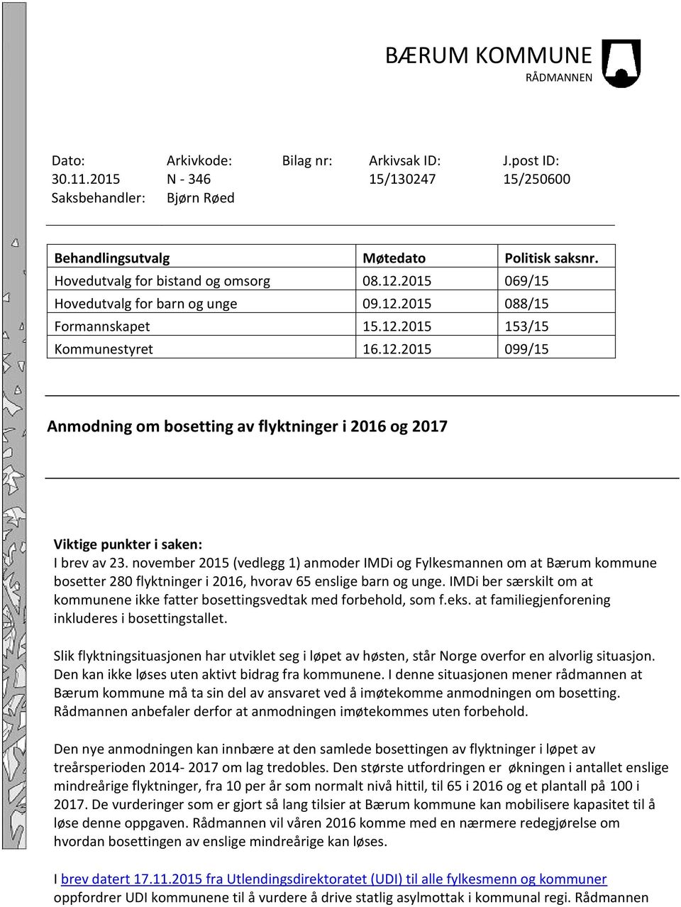 november 2015 (vedlegg 1) anmoder IMDi og Fylkesmannen om at Bærum kommune bosetter 280 flyktninger i 2016, hvorav 65 enslige barn og unge.