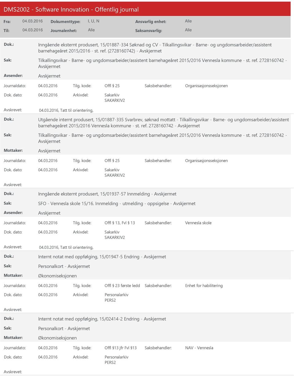 kode:, Tatt til orientering, tgående internt produsert, 15/01887-335 Svarbrev, søknad mottatt - Tilkallingsvikar - Barne- og ungdomsarbeider/assistent barnehageåret 2015/2016 Vennesla kommune - st.