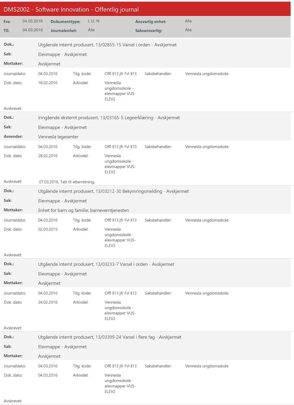 2016, Tatt til etterretning, tgående internt produsert, 13/03212-30 Bekymringsmelding - Elevmappe - Enhet for barn og familie, barneverntjenesten Journaldato: Tilg. kode: Vennesla ungdomsskole 02.03.2015 Vennesla ungdomsskole - elevmapper VS- tgående internt produsert, 13/03233-7 Varsel i orden - Elevmappe - Journaldato: Tilg.