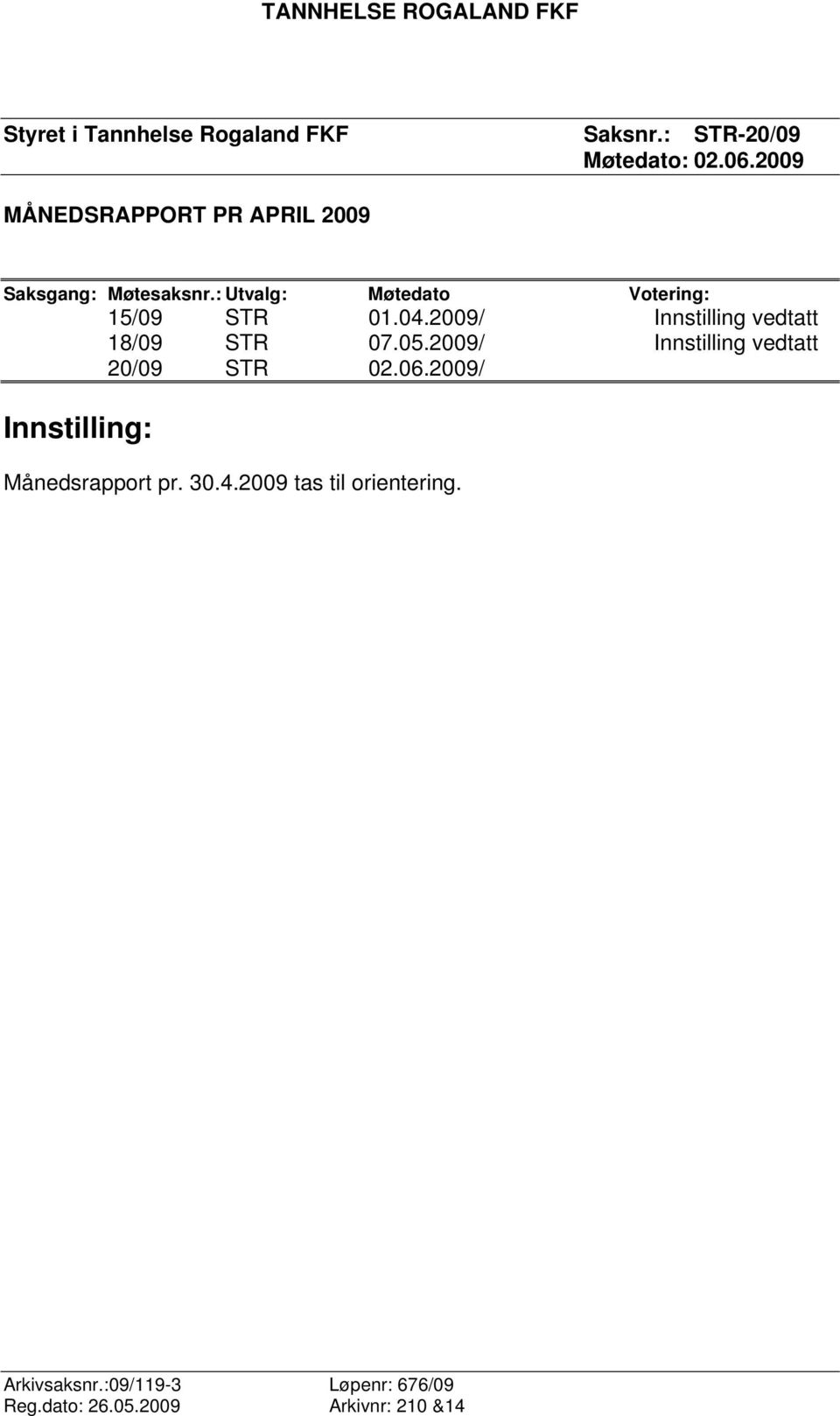 04.2009/ Innstilling vedtatt 18/09 STR 07.05.2009/ Innstilling vedtatt 20/09 STR 02.06.