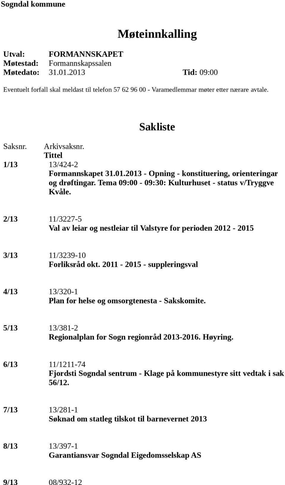 Tema 09:00-09:30: Kulturhuset - status v/tryggve Kvåle. 2/13 11/3227-5 Val av leiar og nestleiar til Valstyre for perioden 2012-2015 3/13 11/3239-10 Forliksråd okt.
