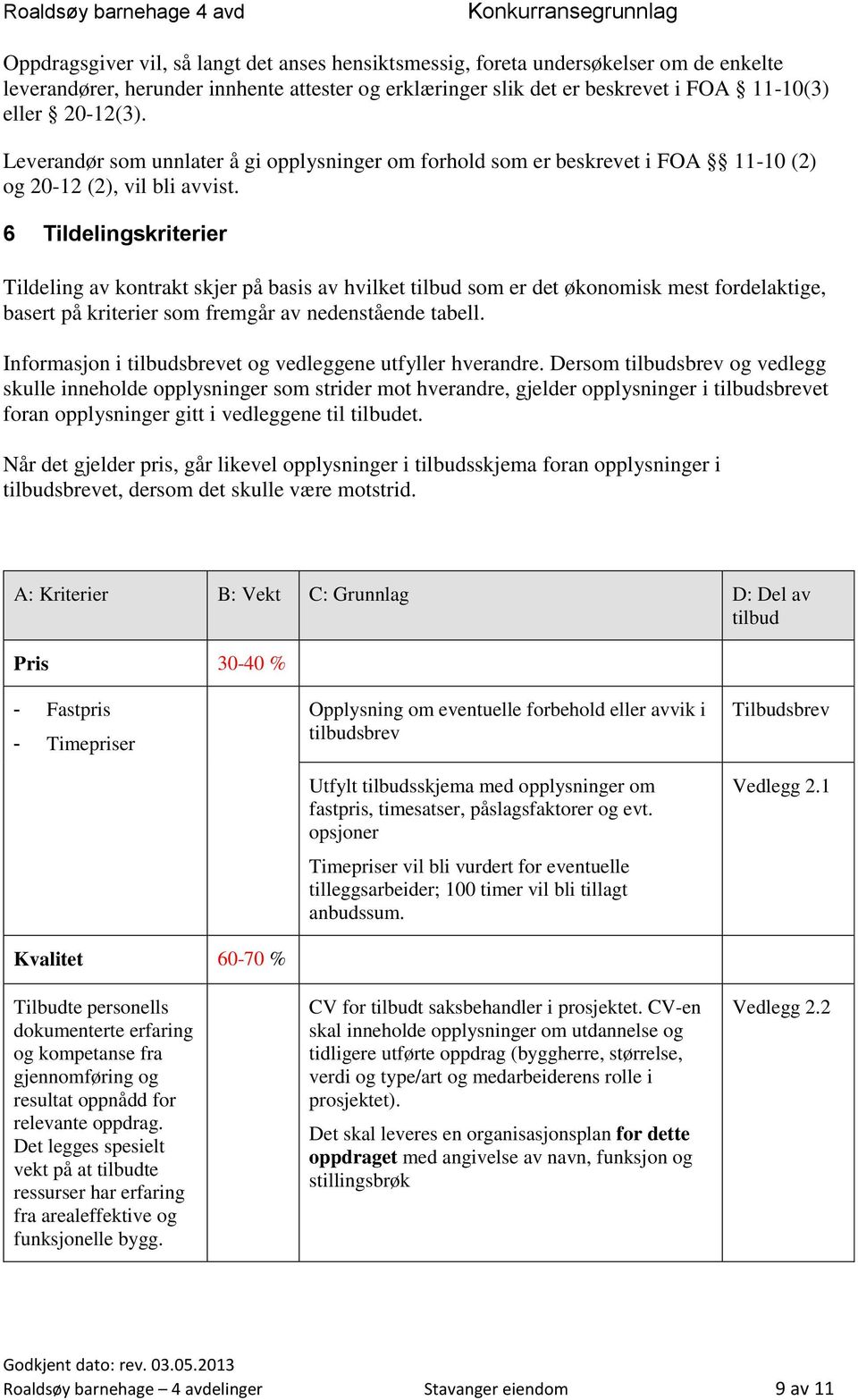 6 Tildelingskriterier Tildeling av kontrakt skjer på basis av hvilket tilbud som er det økonomisk mest fordelaktige, basert på kriterier som fremgår av nedenstående tabell.