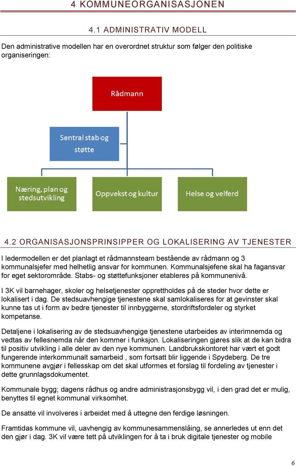 Kommunalsjefene skal ha fagansvar for eget sektorområde. Stabs- og støttefunksjoner etableres på kommunenivå.