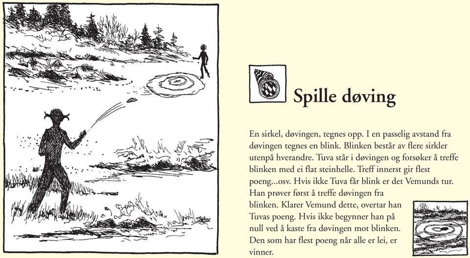 Treff innerst gir flest poeng...osv. Hvis ikke Tuva får blink er det Vemunds tur. Han prøver først å treffe døvingen fra blinken.