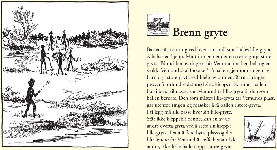 Barna i ringen prøver å forhindre det med sine kjepper. Kommer ballen borti bena til noen, kan Vemund ta lille-gryta til den som ballen berørte.